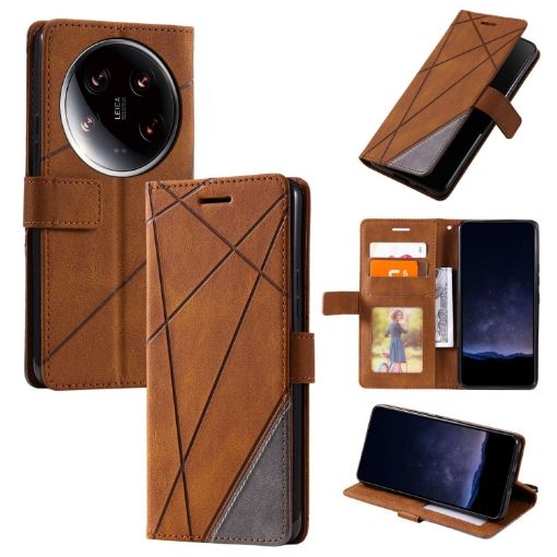 Xiaomi 14 Ultra Brown Leather Phone Case - Skin Feel Splicing Cover - 1