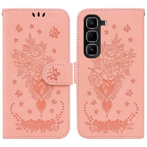 Infinix Hot 50 Pro+ 4G Pink Butterfly Rose Embossed Leather Case - 1