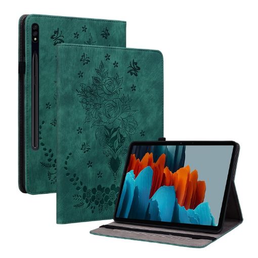 Samsung Galaxy Tab S9+ Green Butterfly Rose Embossed Leather Case - 1