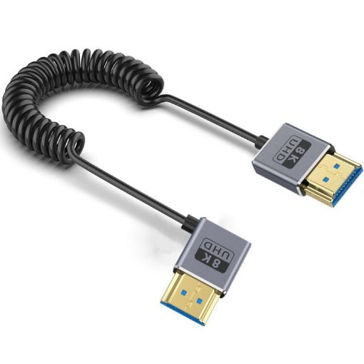 Coiled 0.7m HDMI 2.1 Cable 8K 48Gbps Right Bend Coaxial Port - 1