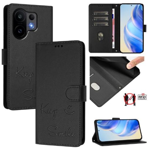 Vivo S30 Black RFID Leather Phone Case with Smile Embossing - 1