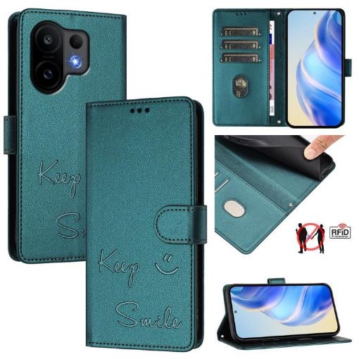 Vivo S30 Peacock Green RFID Leather Phone Case - Smile Embossing - 1