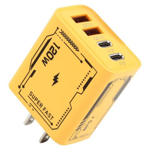 KO-72 GaN 120W 4-Port Fast Charger, 2 PD & 2 QC 3.0 USB-C, US Plug Yellow - 1