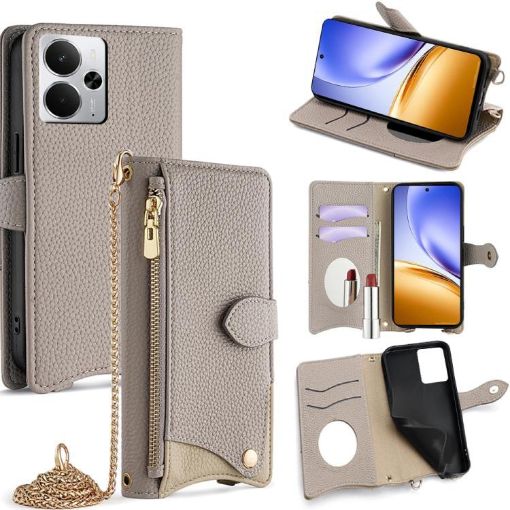 Realme 14 Grey Crossbody Chain Fishtail Litchi Leather Phone Case - 1