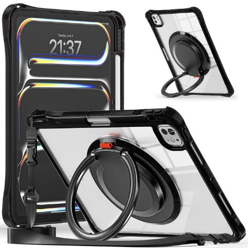 iPad Pro 13 2024 Black Rotation Ring Handle TPU Hybrid Clear Case - 1