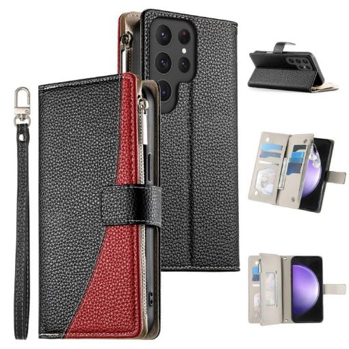 Samsung Galaxy S23 Ultra 5G Leather Wallet Case with Strap (Black) - 1