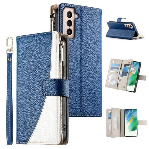 Samsung Galaxy S21+ 5G Dark Blue Leather Wallet Case with Strap - 1