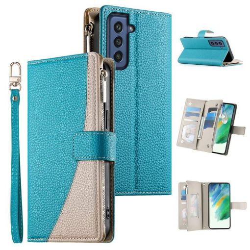 Samsung Galaxy S21 FE 5G Blue Leather Wallet Case with Strap - 1