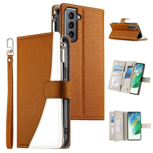 Samsung Galaxy S21 5G Brown Leather Wallet Case with Strap & Card Slots - 1