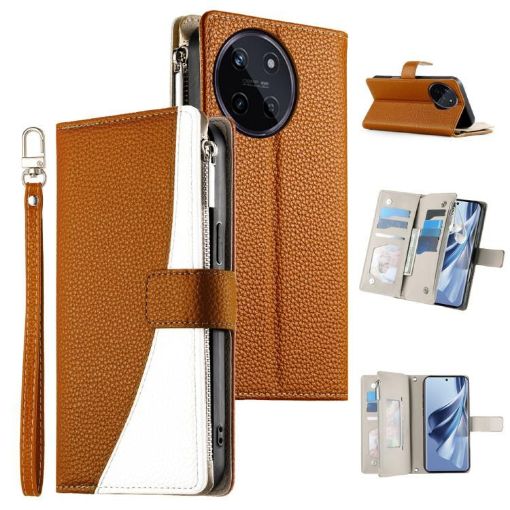 Realme 11 4G Brown Leather Wallet Phone Case with Strap & Multi-card Slots - 1