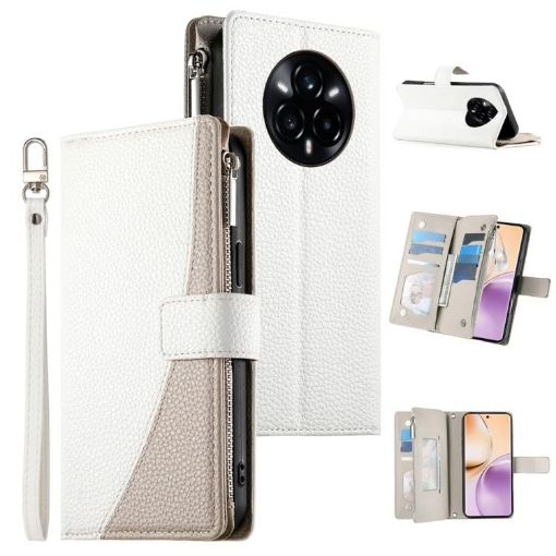 Realme 14 Pro+ White Leather Wallet Phone Case with Strap & Zipper - 1