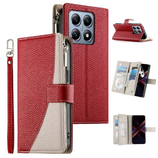 Xiaomi 14T Pro Red Leather Wallet Phone Case with Strap & Multi-card Slots - 1