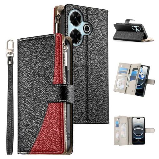 Redmi 13/5G, Poco M6 4G Wallet Leather Phone Case with Strap (Black) - 1