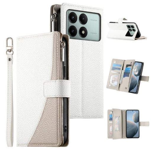 Redmi K70E/Poco X6 Pro White Leather Wallet Phone Case with Strap - 1