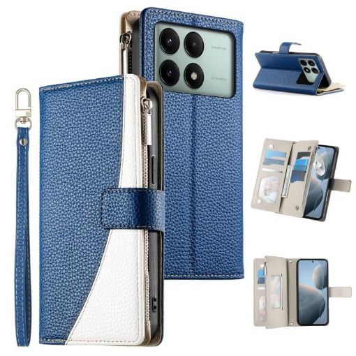 Redmi K70E/Poco X6 Pro Leather Wallet Phone Case with Strap - Dark Blue - 1