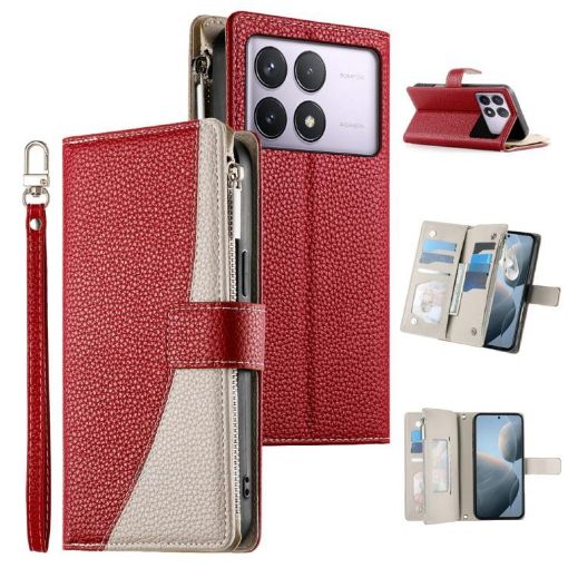 Redmi K70/K70 Pro/Poco F6 Pro Leather Wallet Case with Strap - Red - 1