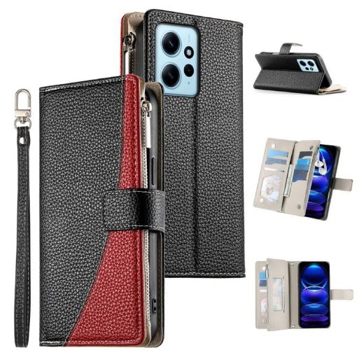 Redmi Note 12 4G/12R Pro Leather Wallet Case with Strap - Black - 1