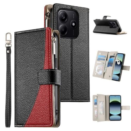 Redmi Note 14 5G Black Leather Wallet Case with Strap & Multi-card Slots - 1