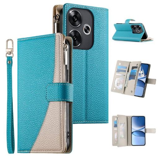 Redmi Turbo 3/Poco F6 Blue Leather Wallet Phone Case with Strap - 1