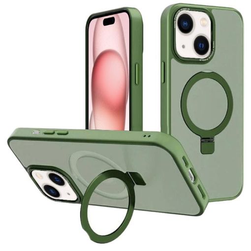 iPhone 15 Dark Green Metal Lens Frame MagSafe Holder Frosted Case - 1