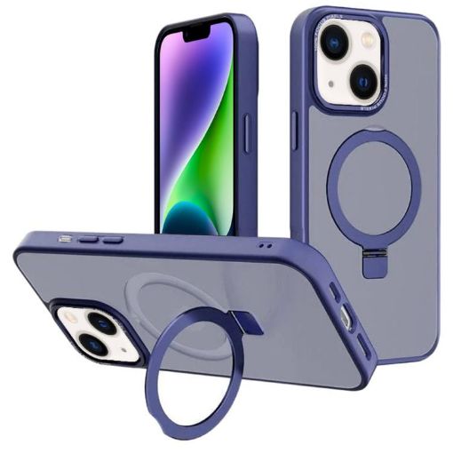 iPhone 14 Navy Blue Metal Lens Frame MagSafe Holder Frosted PC Case - 1