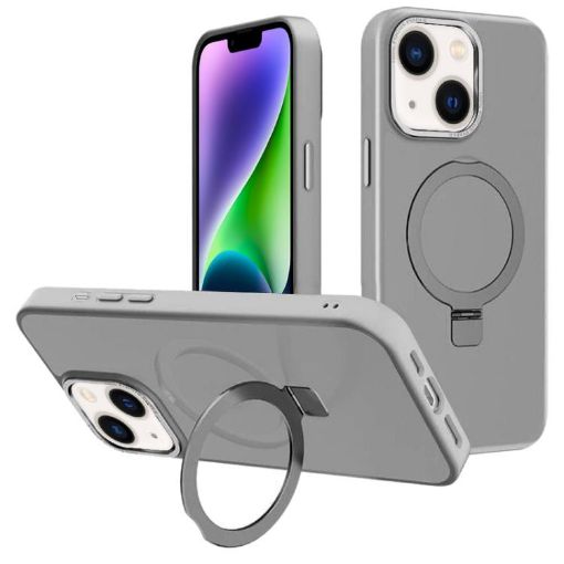 iPhone 14 Plus Grey Metal Lens Frame MagSafe Holder Frosted PC Case - 1