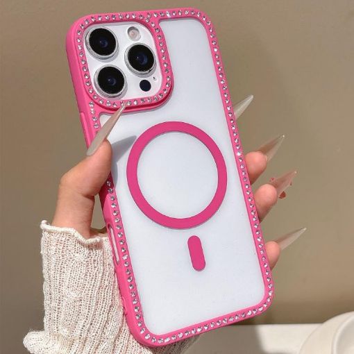 iPhone 16 Pro Rose Gold Rhinestone MagSafe Case with Large Lens Hole - 1