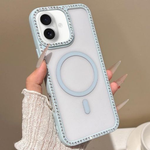 iPhone 16 Plus Blue Rhinestone Frame MagSafe Case with Large Lens Hole - 1