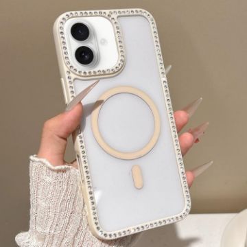 iPhone 16 Plus Beige Rhinestone Frame MagSafe Case with Large Lens Hole - 1