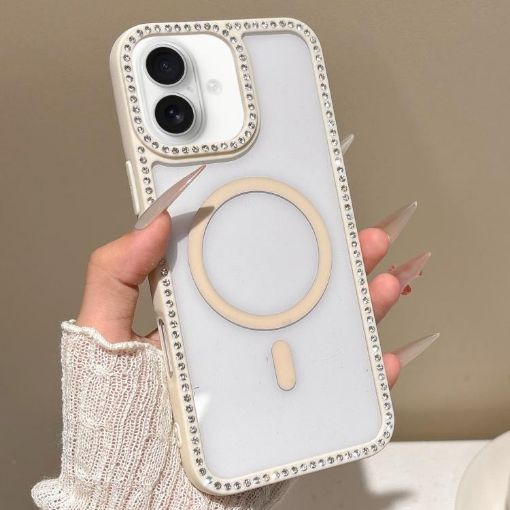 iPhone 16 Plus Beige Rhinestone Frame MagSafe Case with Large Lens Hole - 1