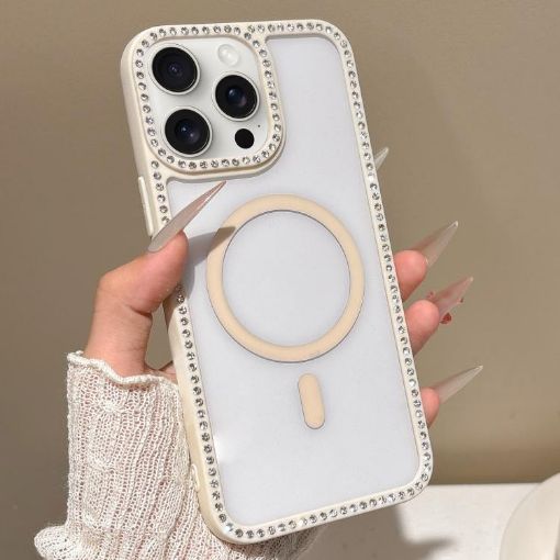 iPhone 15 Pro Max Rhinestone Frame MagSafe Case Beige Large Lens Hole - 1