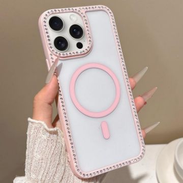 iPhone 15 Pro Pink Rhinestone Frame MagSafe Case with Large Lens Hole - 1