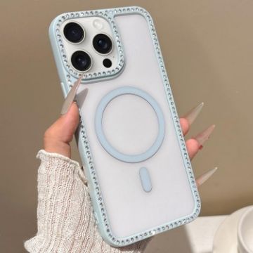 iPhone 15 Pro MagSafe Case Blue with Large Lens Hole Rhinestone Frame - 1