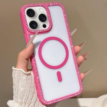 iPhone 15 Pro Rose Gold Rhinestone MagSafe Case with Large Lens Hole - 1