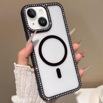 iPhone 15 MagSafe Case Black with Large Lens Hole Rhinestone Frame - 1
