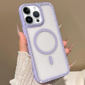 iPhone 14 Pro MagSafe Case with Large Lens Hole & Rhinestone Frame - Purple - 1