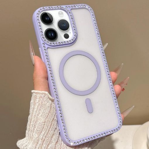iPhone 14 Pro MagSafe Case with Large Lens Hole & Rhinestone Frame - Purple - 1