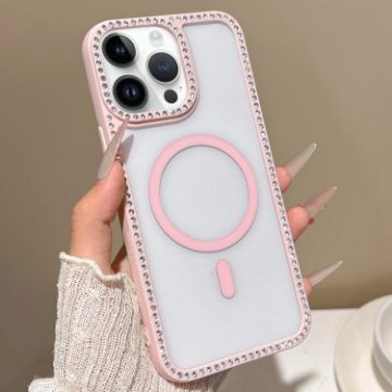 iPhone 14 Pro Pink Rhinestone Frame MagSafe Case with Large Lens Hole - 1
