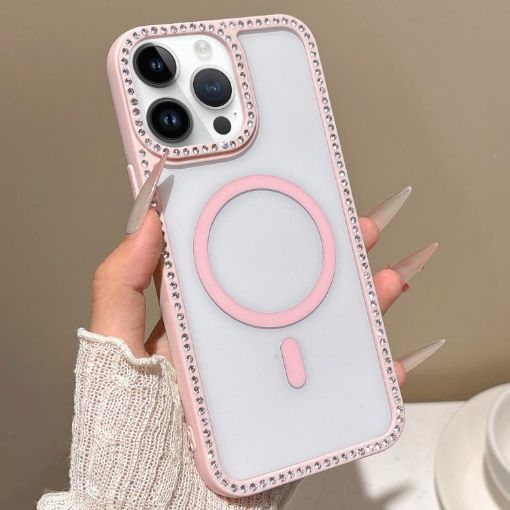 iPhone 14 Pro Pink Rhinestone Frame MagSafe Case with Large Lens Hole - 1