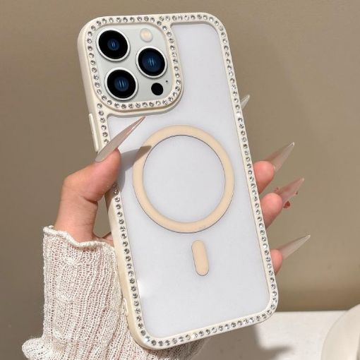 iPhone 13 Pro Max Rhinestone Frame MagSafe Case Beige Large Lens Hole - 1