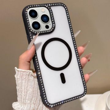 iPhone 13 Pro MagSafe Case Black with Large Lens Hole & Rhinestone Frame - 1