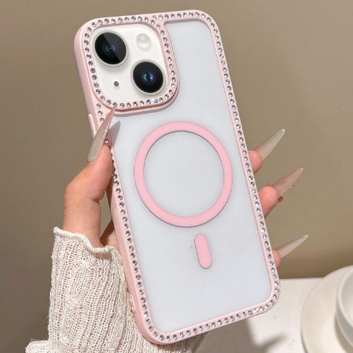 iPhone 13 MagSafe Case Pink with Large Lens Hole & Rhinestone Frame - 1