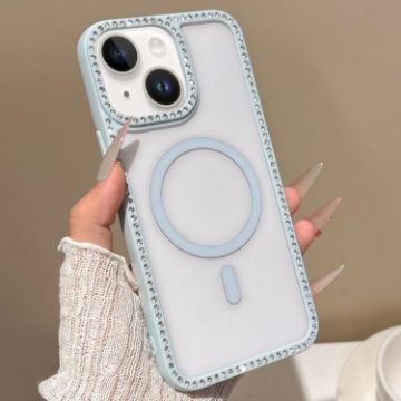 iPhone 13 MagSafe Case Blue with Large Lens Hole & Rhinestone Frame - 1