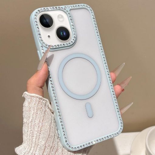 iPhone 13 MagSafe Case Blue with Large Lens Hole & Rhinestone Frame - 1