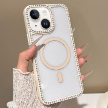 iPhone 13 MagSafe Case Beige with Large Lens Hole & Rhinestone Frame - 1