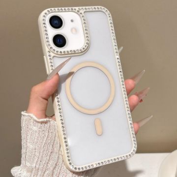 iPhone 12 MagSafe Case Beige with Large Lens Hole & Rhinestone Frame - 1
