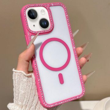 iPhone 15 Plus Rose Gold Rhinestone MagSafe Case with Large Lens Hole - 1