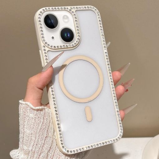 iPhone 14 Plus Rhinestone Frame MagSafe Case Beige Large Lens Hole - 1