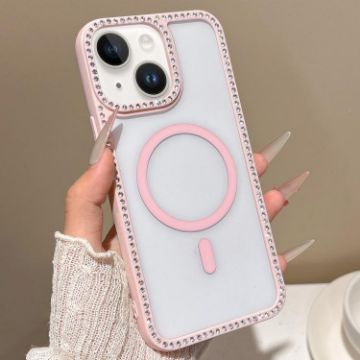 iPhone 13 mini Pink Rhinestone Frame MagSafe Case with Large Lens Hole - 1