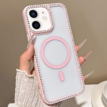 iPhone 11 Pink Rhinestone Frame MagSafe Case with Large Lens Hole - 1